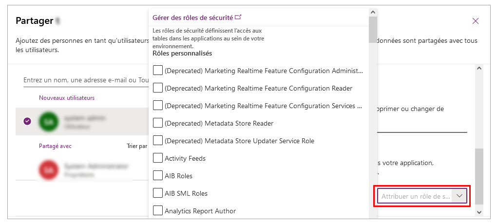 Liste des rôles de sécurité.