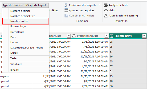 Modifier le type de données en nombre entier.