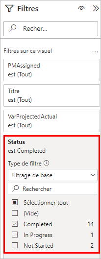 Filtrer par colonne Statut dans Détails du projet.