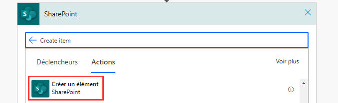 Recherchez ou sélectionnez l’action Créer un élément.
