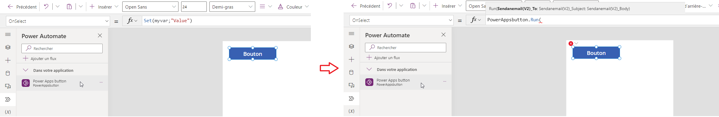 Capture d’écran montrant le flux ajouté à la propriété OnSelect du bouton qui remplace la formule existante pour la propriété du bouton.