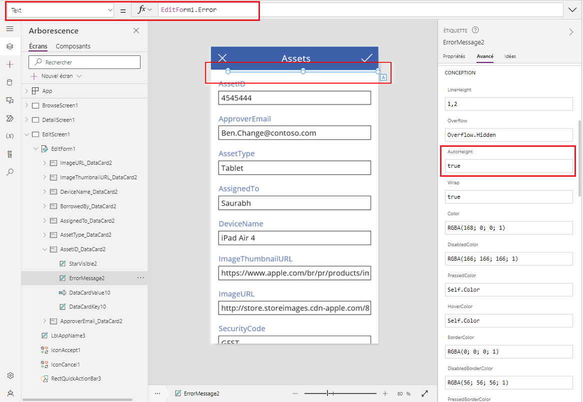 Application à partir du formulaire de modification des données avec le contrôle de texte d’erreur sélectionné.