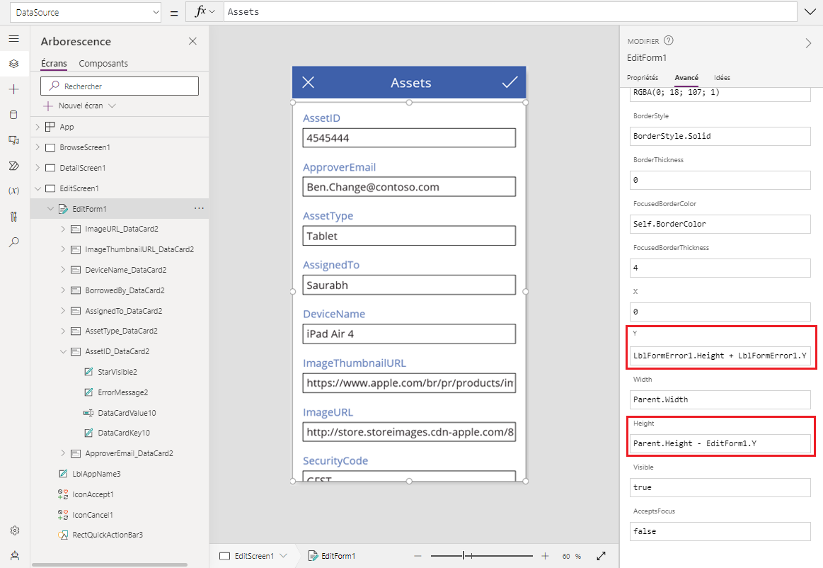 Application à partir du formulaire de modification des données avec le contrôle Form sélectionné.