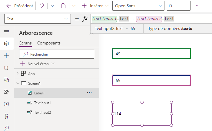 Illustration de Power Apps recalculant la somme de deux nombres.