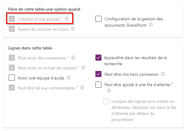 Paramétrage de la table de tâche lors de la création d’une table.