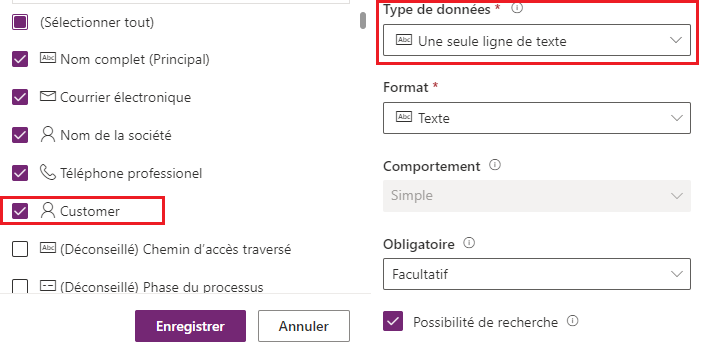 Type de données client de la liste des types de données lors de la création d’une colonne.