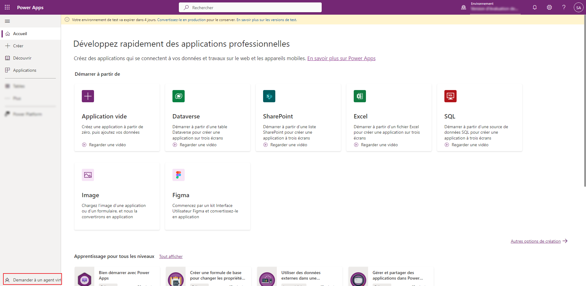 Accédez à l’agent virtuel depuis la page d’accueil Power Apps.