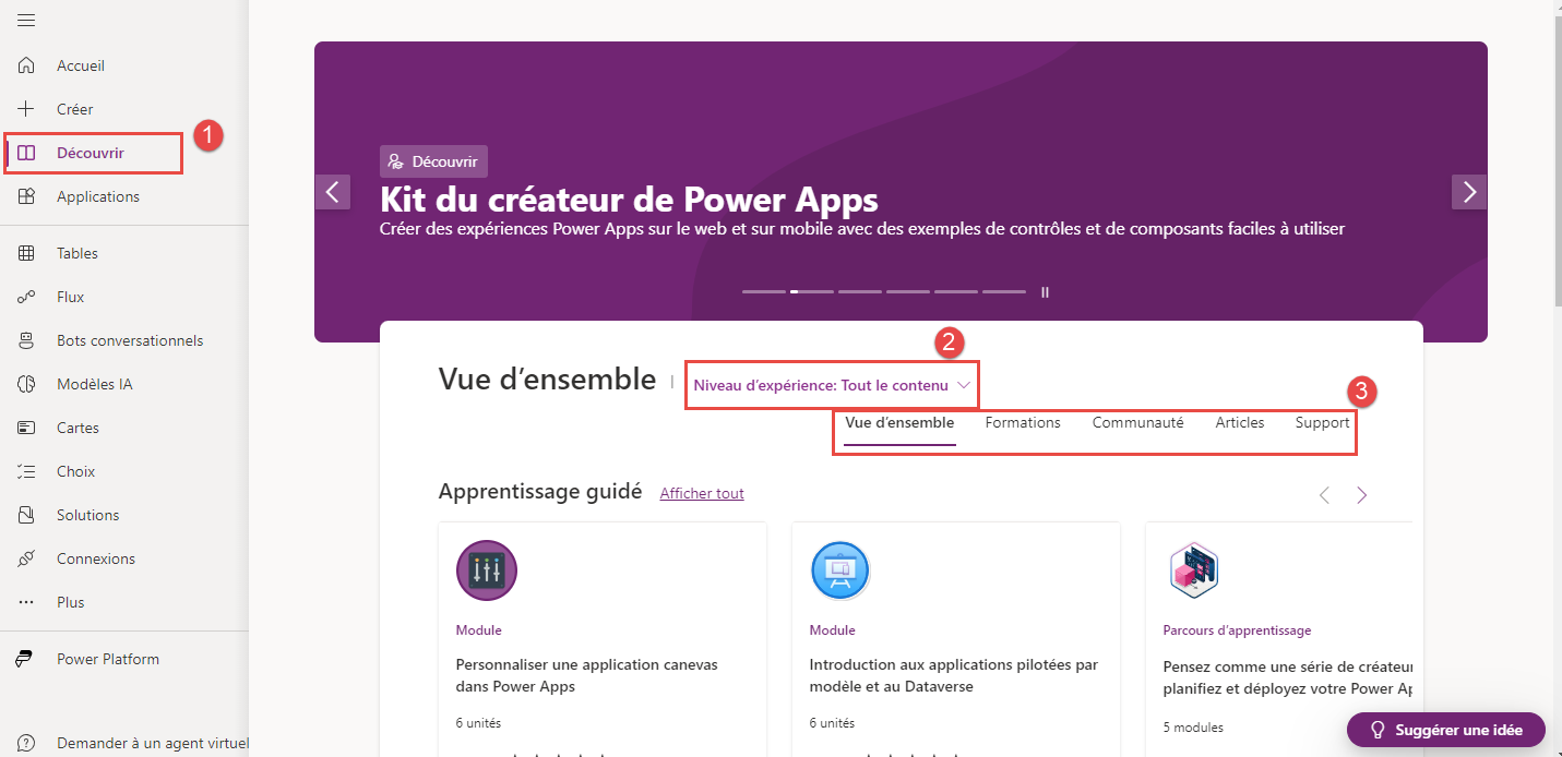 Capture d’écran du centre d’apprentissage dans Power Apps.