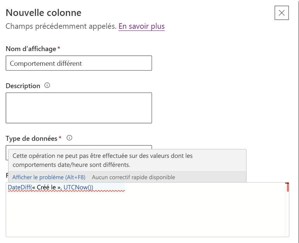 Configuration de date et d’heure non prise en charge avec une colonne de formule