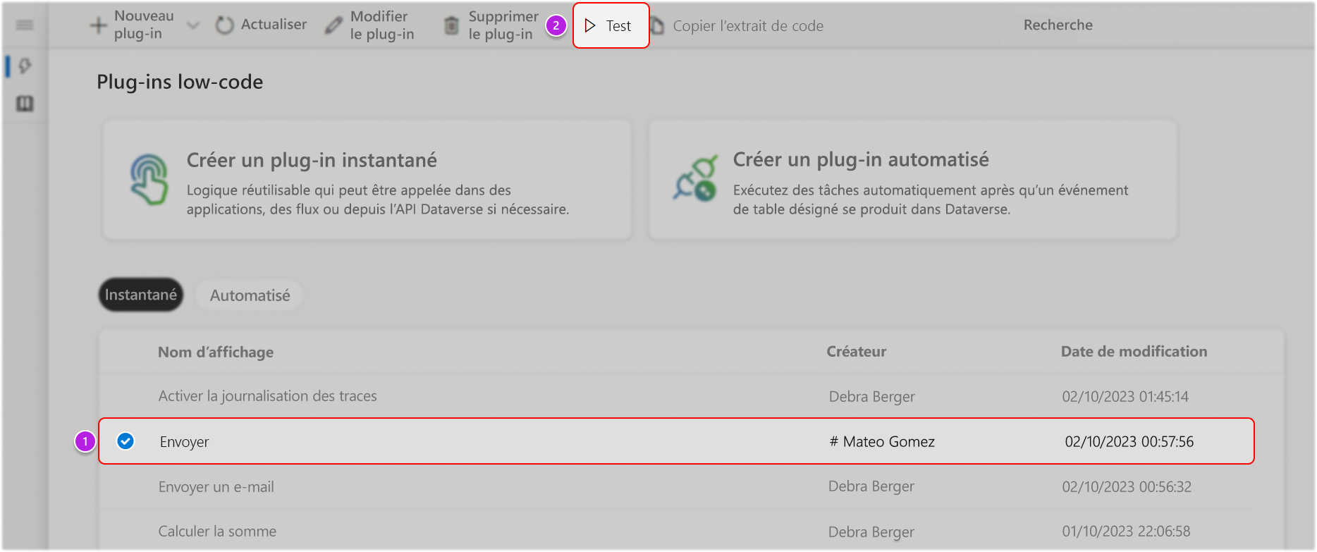 Sélectionnez Test pour le plug-in low-code