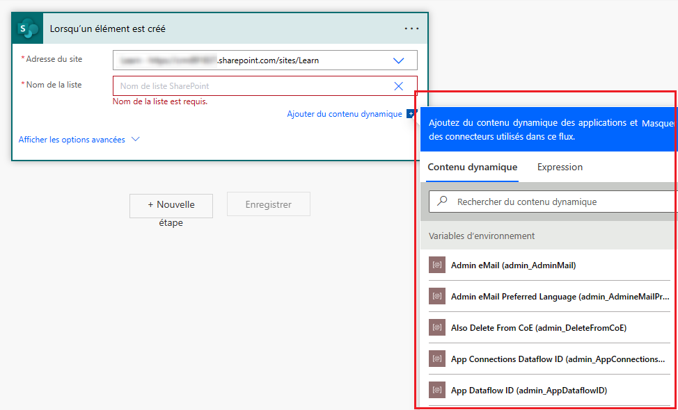 Sélectionner une variable d’environnement à ajouter à un déclencheur ou une action de flux cloud.