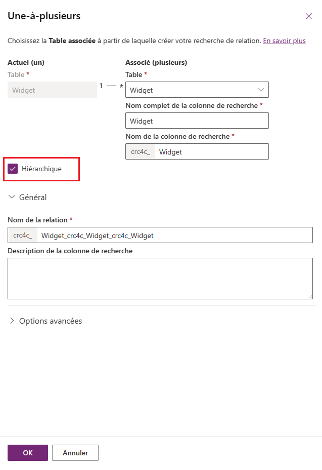 Paramètre Hiérarchique dans la définition de relation.