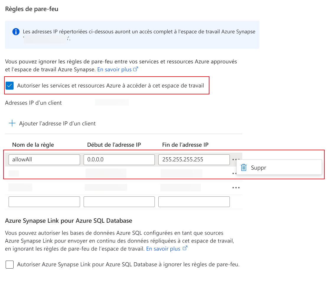 Azure Synapse paramètres réseau de l’espace de travail