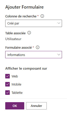 Ajouter un contrôle de composant de formulaire pour une seule table associée