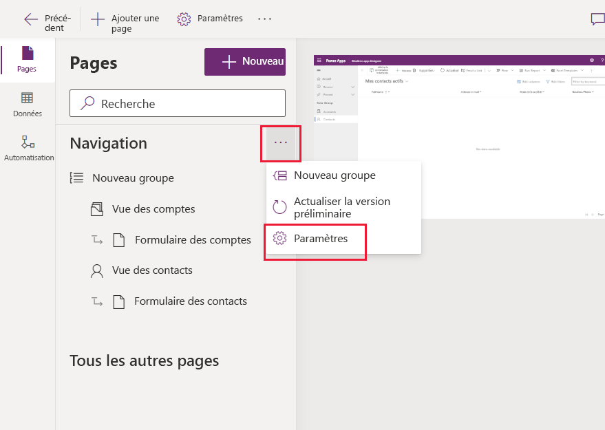 Options de navigation de la page dans le concepteur d’application.