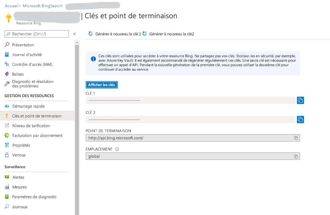 Clé API des services de recherche Bing et point de terminaison.