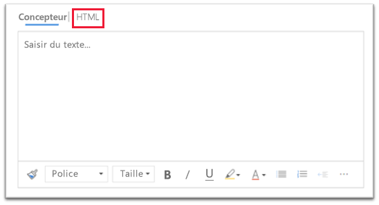 Capture d’écran de l’éditeur de texte enrichi, avec le contrôle de l’onglet HTML mis en surbrillance.