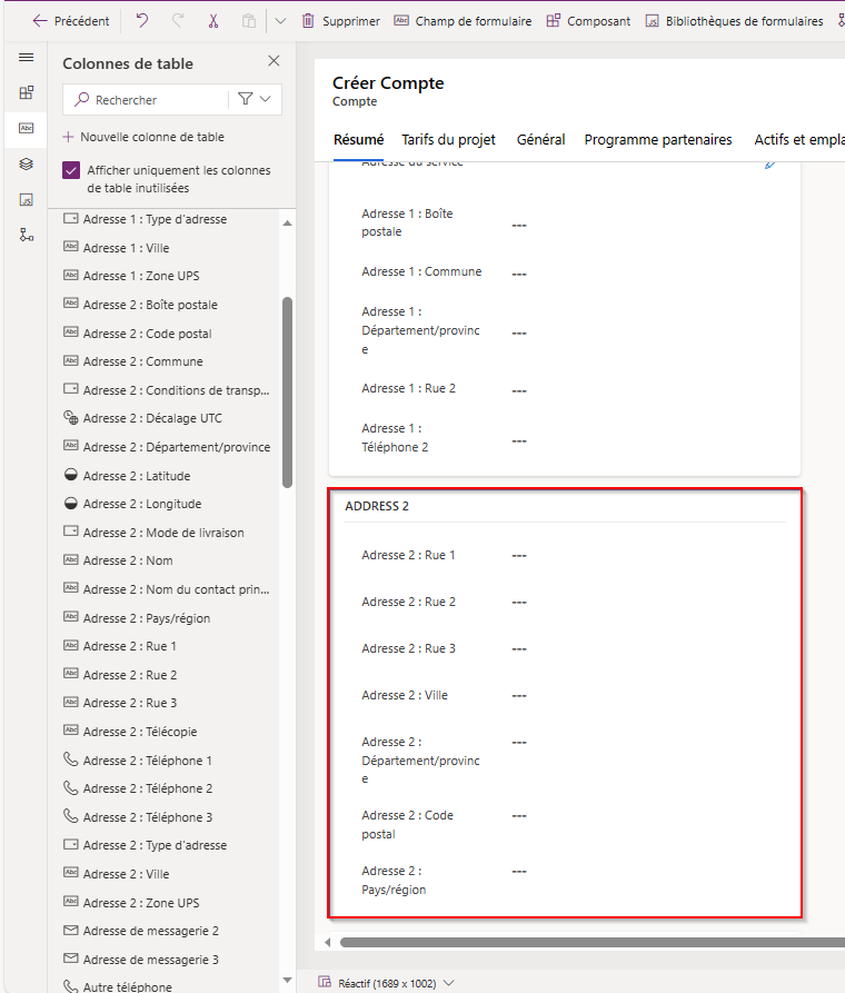 Nouvelle section d’adresse 2 avec les colonnes associées.