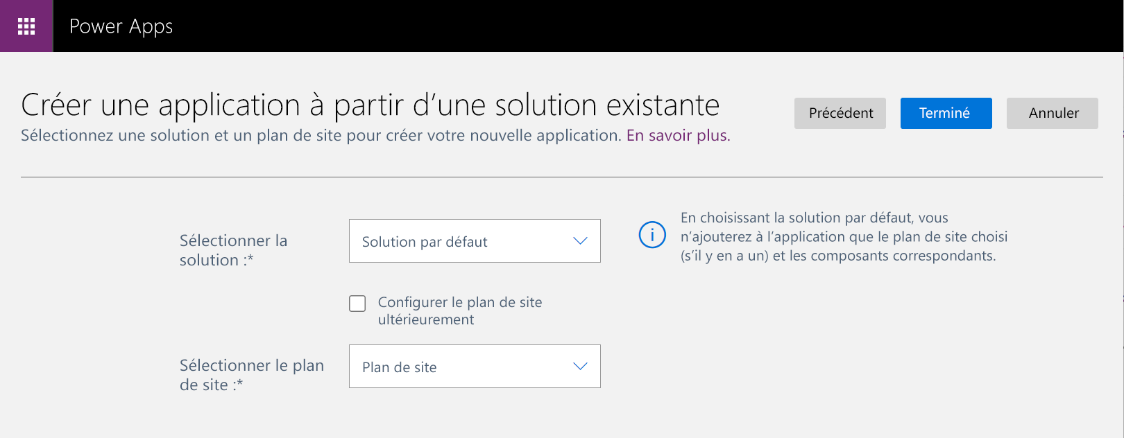 Créer une application à partir du plan de site d’une solution existante