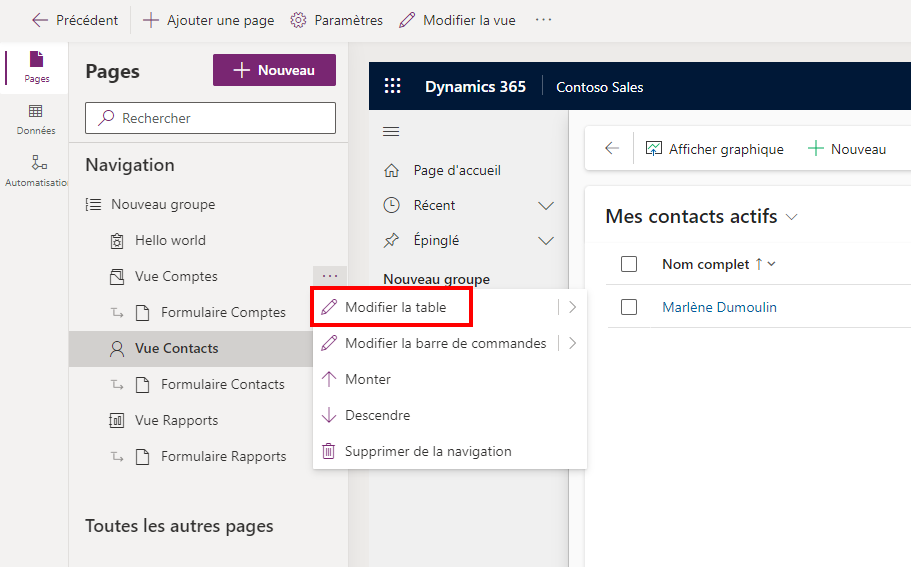 Modifier une table pour une page dans le concepteur d’applications