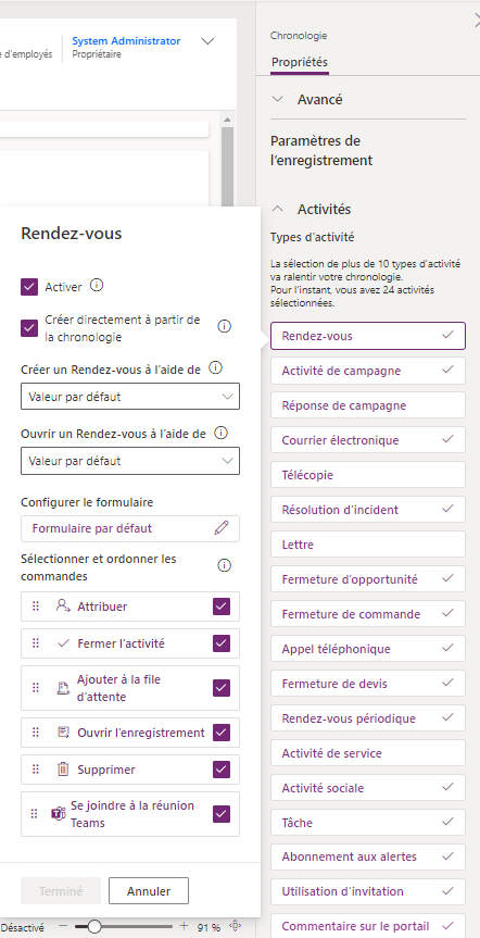 Configurer la possibilité d’activer les actions de commande à partir de la chronologie