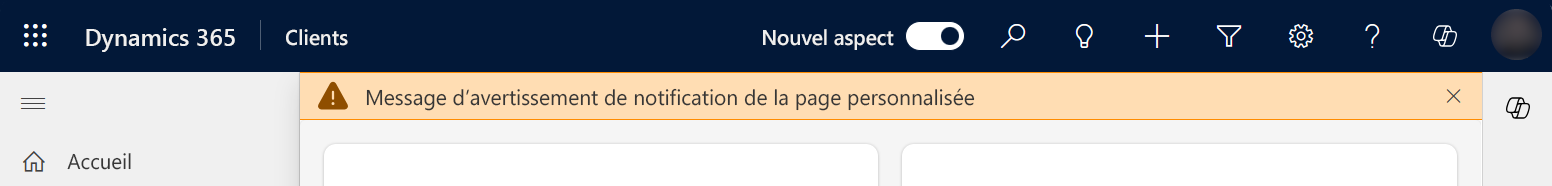 Barre de message d’avertissement de notification de page personnalisée