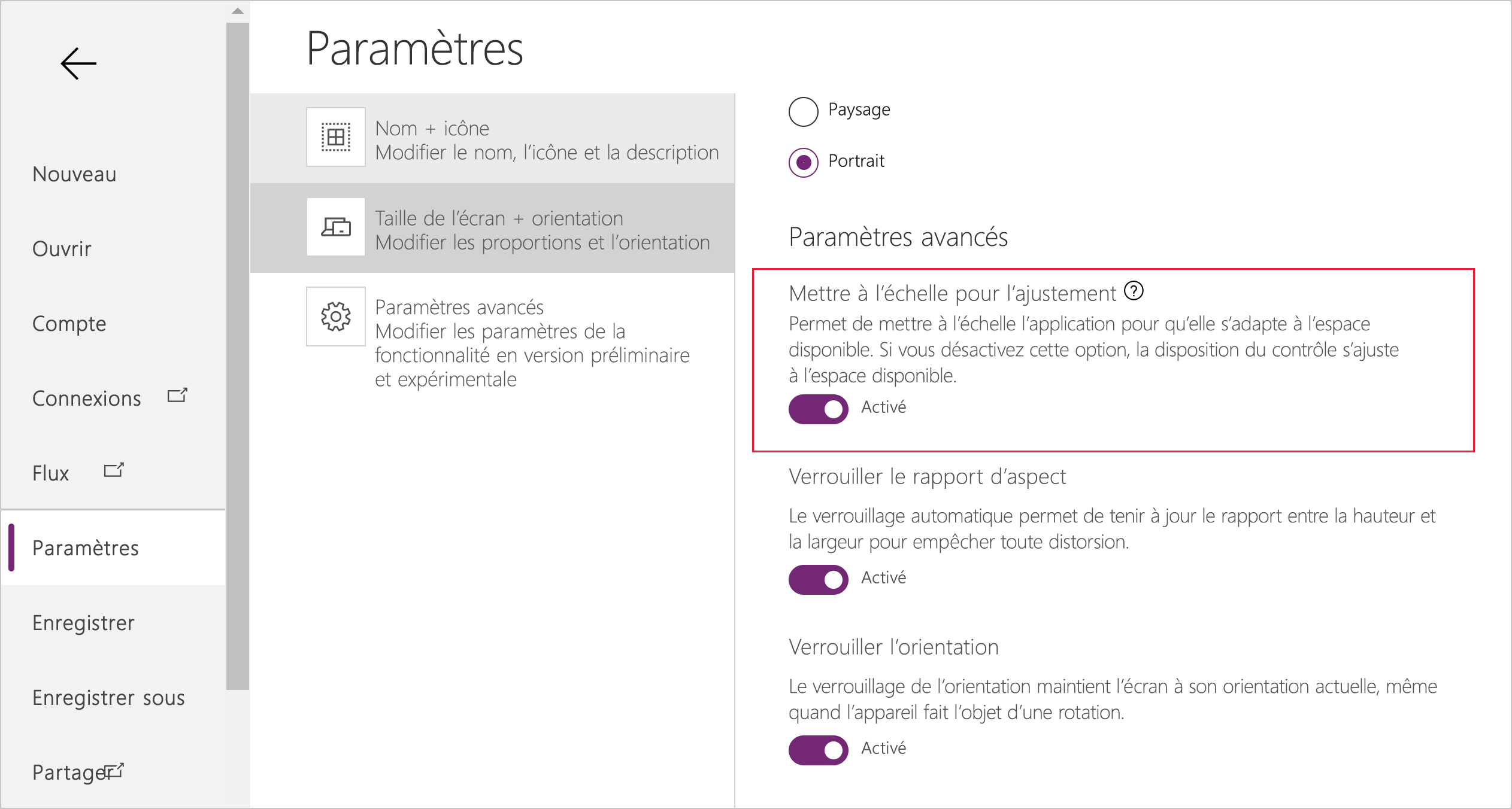 Paramètre de mise à l’échelle de l’application canevas.