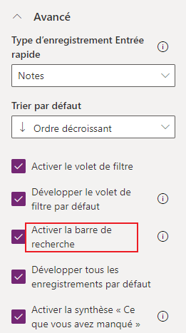 Configuration de la barre de recherche