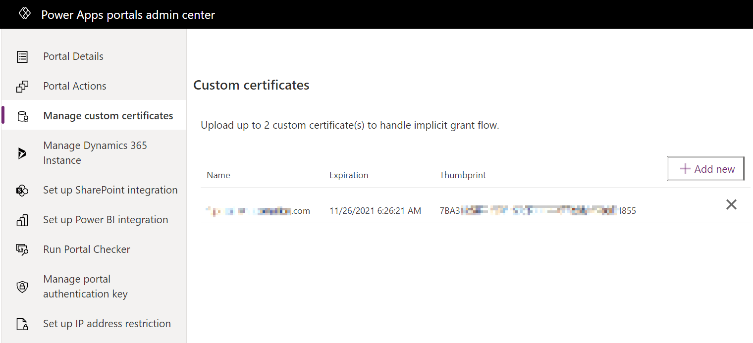 Onglet Gérer les certificats personnalisés dans le centre d’administration des portails Power Apps.