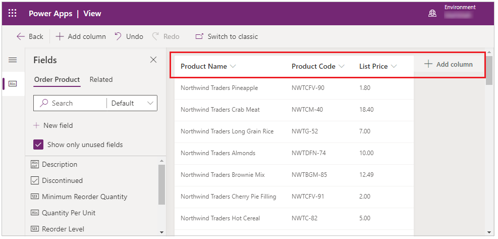 Capture d’écran montrant la vue de recherche du portail avec les colonnes Nom du produit, Code de produit et Prix de liste. Ainsi que la possibilité d’ajouter des colonnes.