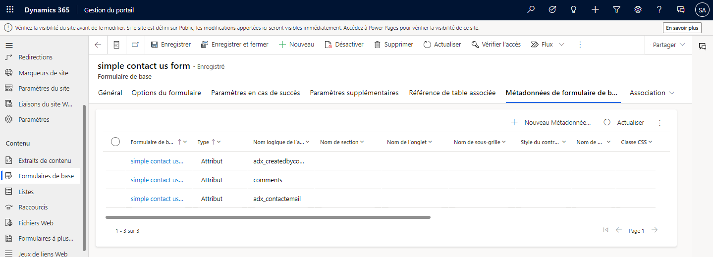 Métadonnées du formulaire de base.