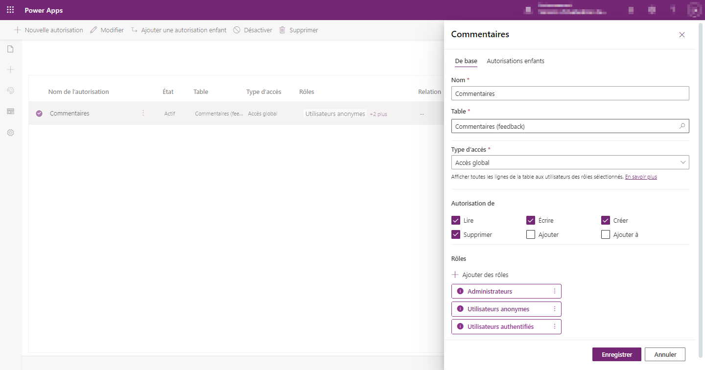 Autorisations de table de commentaires.