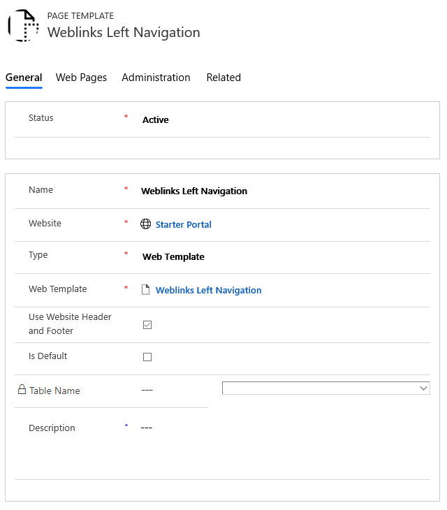 Disposition de la navigation à gauche des liens Web (modèle de page).