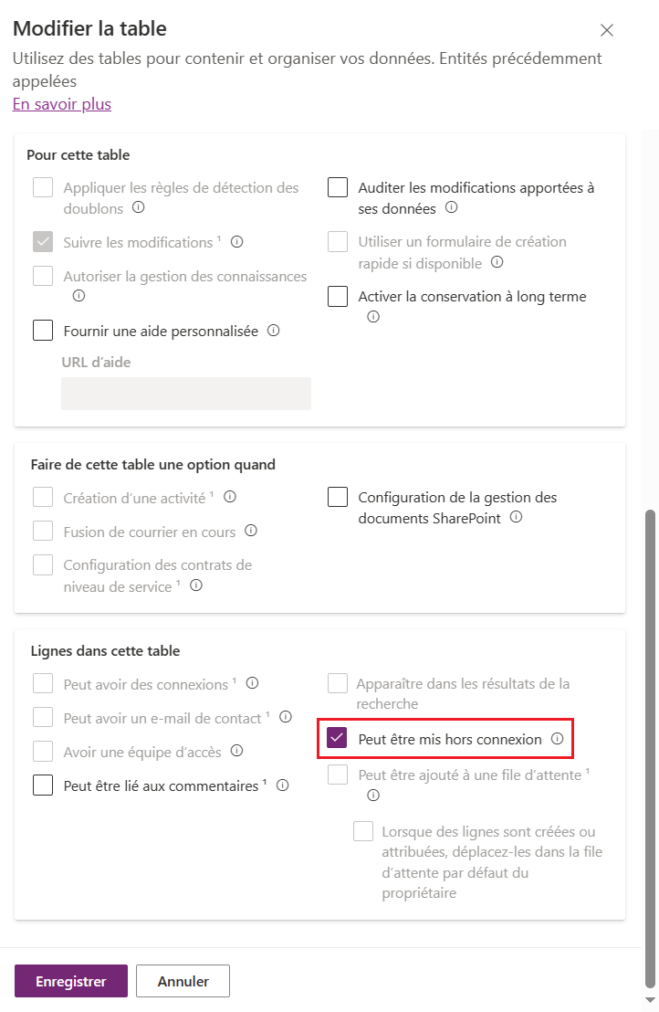 Capture d’écran des options de modification de la table, avec **Peut être mis hors connexion** mise en évidence.