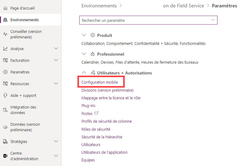 Capture d’écran montrant où se trouve le paramètre de configuration mobile dans les paramètres de votre environnement.