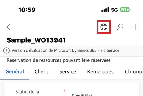 Capture d’écran d’une application mobile, avec l’icône de synchronisation hors ligne dans la barre de navigation de l’application en surbrillance.