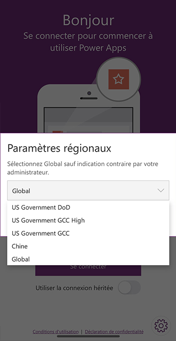 Choisir une région au moment de la connexion à l’application mobile Power Apps