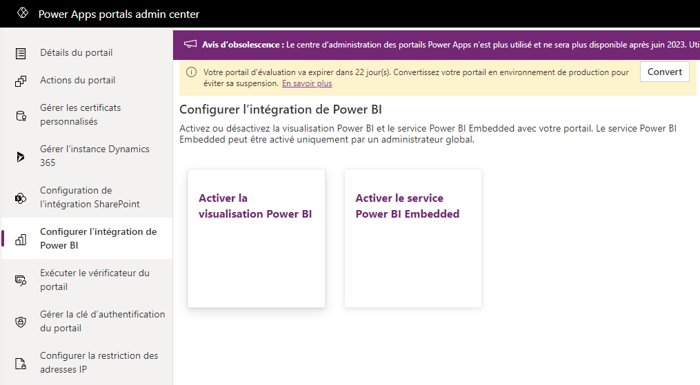 Centre d’administration Power Apps – Portails.