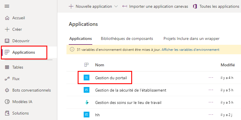 Ouvrir l’application Gestion du portail.