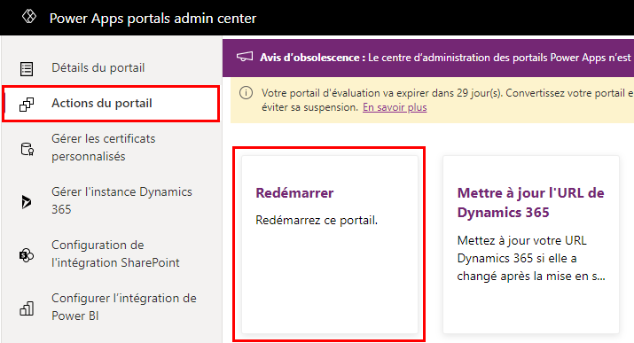 Redémarrage des actions du portail.