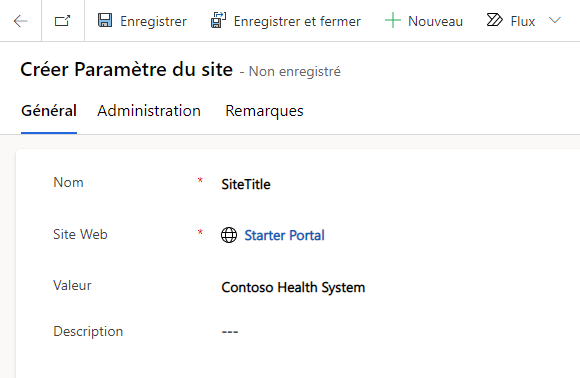 Paramètres de site de gestion du portail.