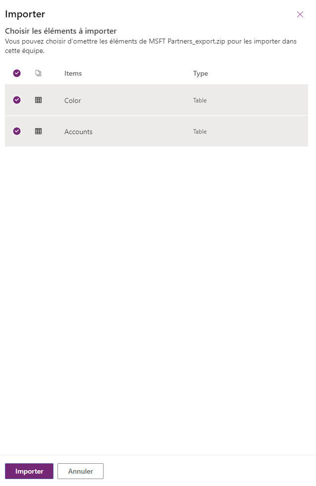 Choisir les éléments à importer.