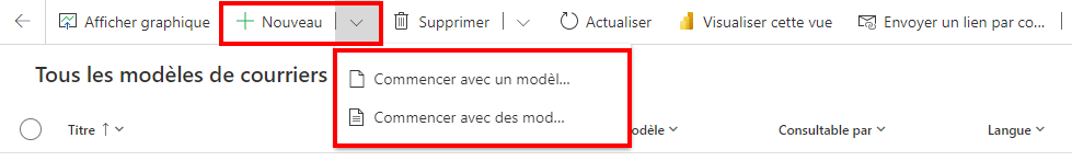 Capture d'écran qui montre les options pour créer un modèle à partir d'un modèle vierge ou d'un modèle existant.