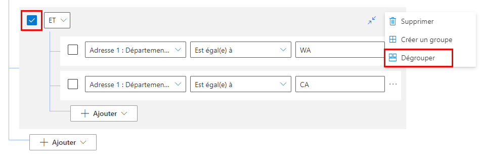 Une capture d’écran de l’éditeur de filtre de vue, montrant une option Dissocier du groupe de conditions.