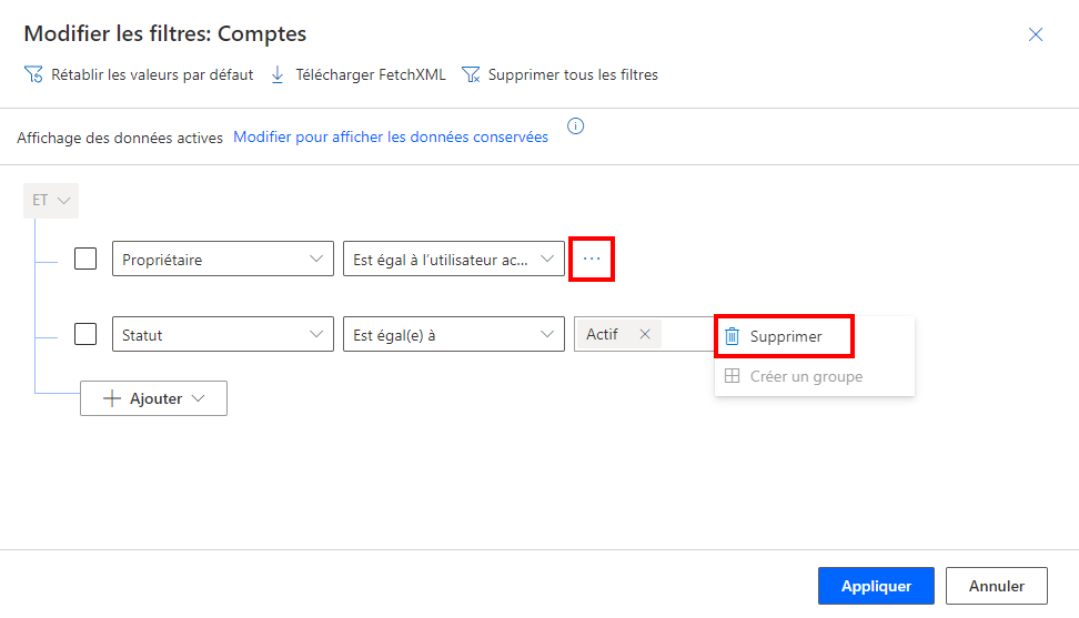 Une capture d’écran de l’éditeur de filtre de vue, montrant l’icône de suppression de ligne.