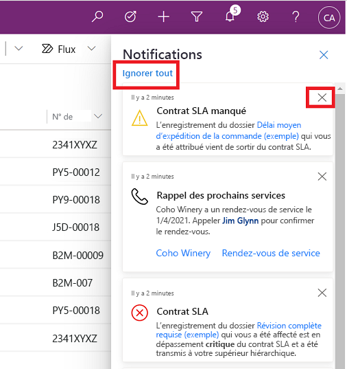 Sélectionnez le bouton Fermer pour ignorer une notification ou sélectionnez Tout ignorer.