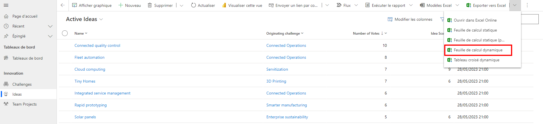 Exporter vers une feuille de calcul dynamique Excel.