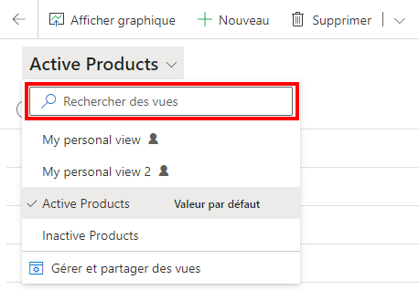 Une capture d’écran du sélecteur de vue sur une page de grille, montrant les icônes de la zone de recherche et de vue personnelle.