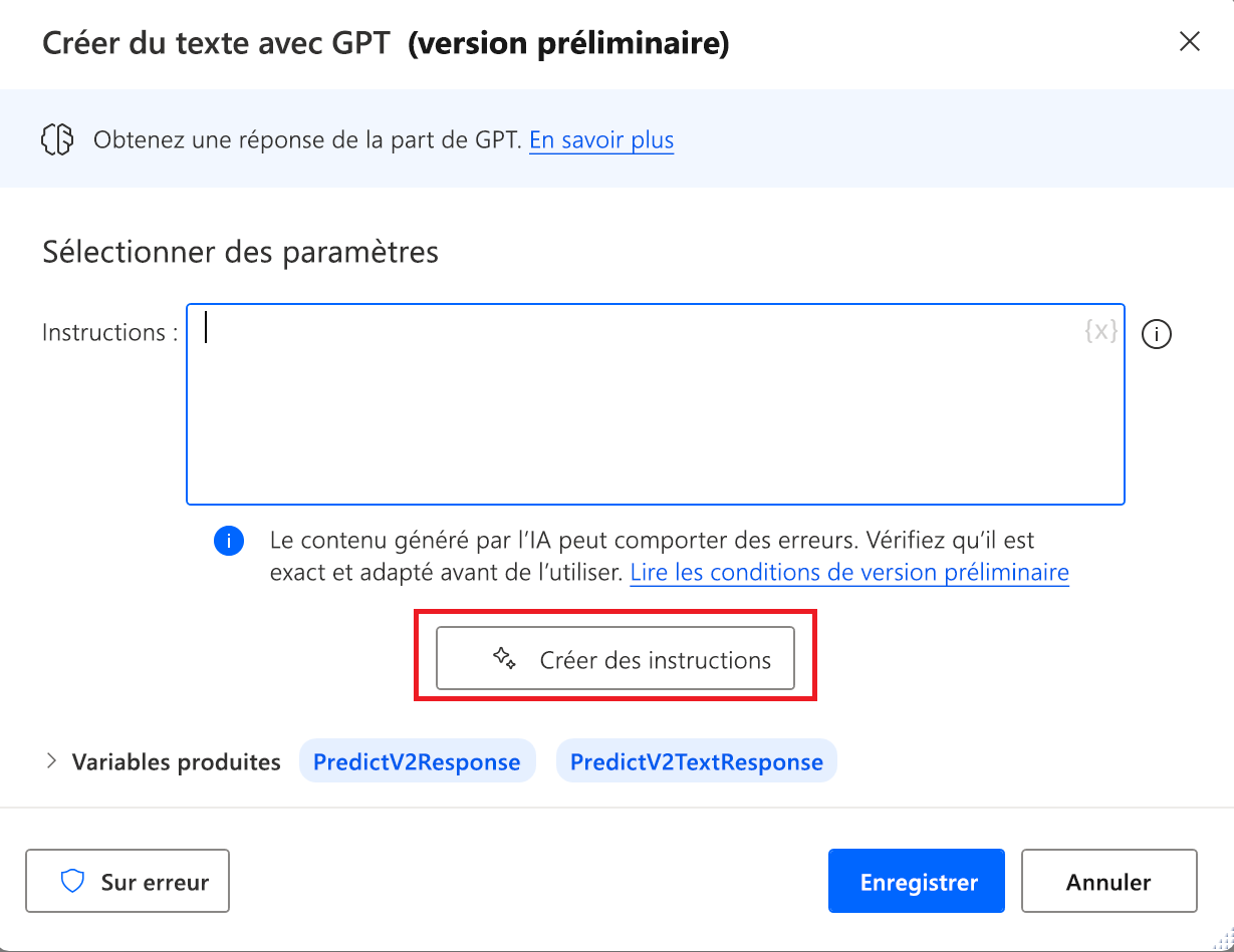 Capture d’écran du bouton Créer des instructions dans l’action Créer du texte avec GPT.