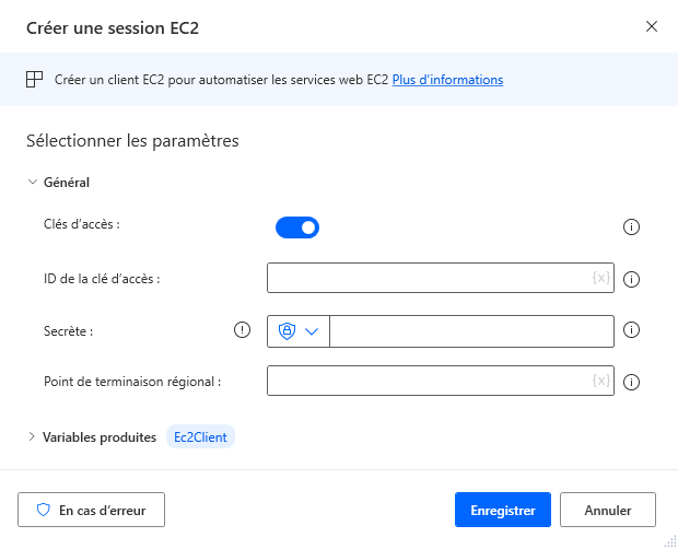 Capture d’écran de l’action Créer une session avec l’option Clés d’accès activée.